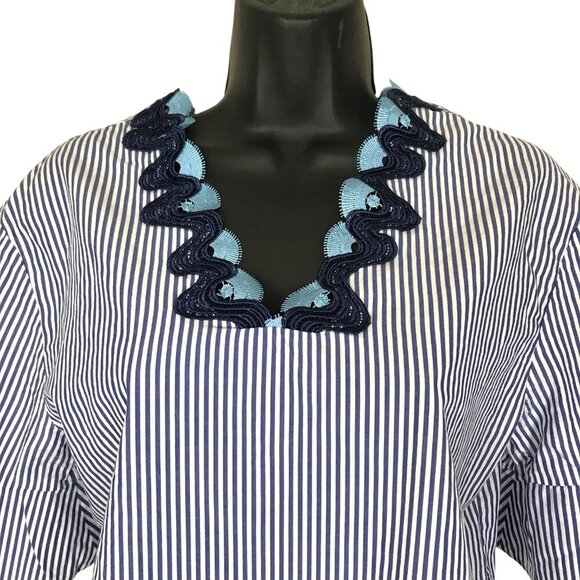 Sandro Paris Blue & White Striped Cotton Blouse With Lace Neck Line Size M - Picture 3 of 7
